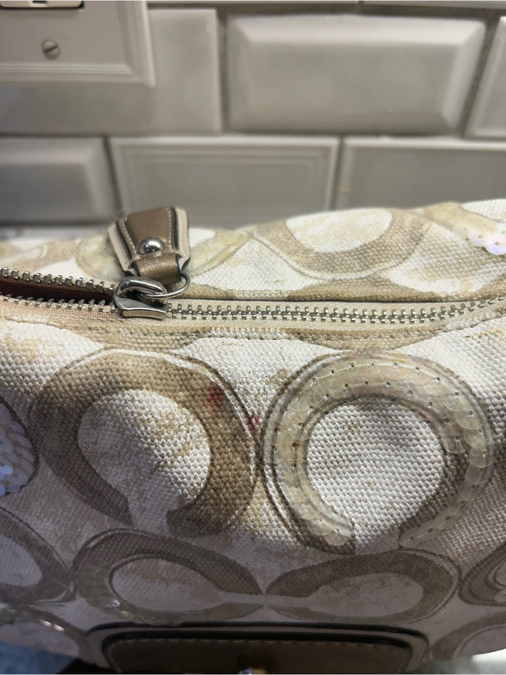 Coach Kristin Hobo Sequins Vintage Tan & Cream Shoulder Bag - Picture 4 of 4